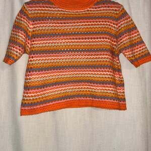 MISS SPARKLING Multicolor Striped Open Knit Crochet Short Sleeve Sweater